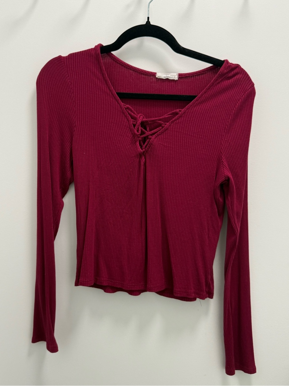 Tilly's Ribbed Lace-Up Long Sleeve Top - Wine